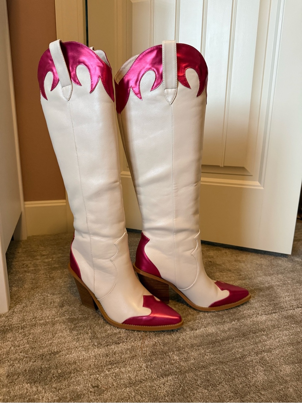 White and Fuchsia Western Knee-High Boots